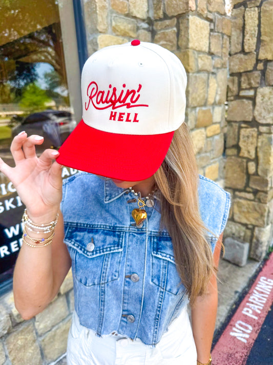Raisin' Hell Trucker Hat- Cream & Red